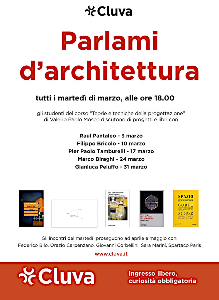 Libreria Cluva, Parlami d'architettura, 2026, appuntamenti di marzo